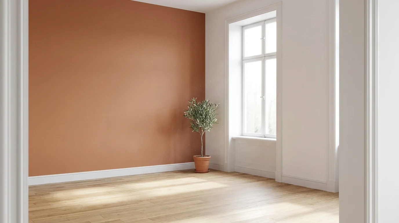 Stanza con parete terracotta e parete bianca, pavimento in legno